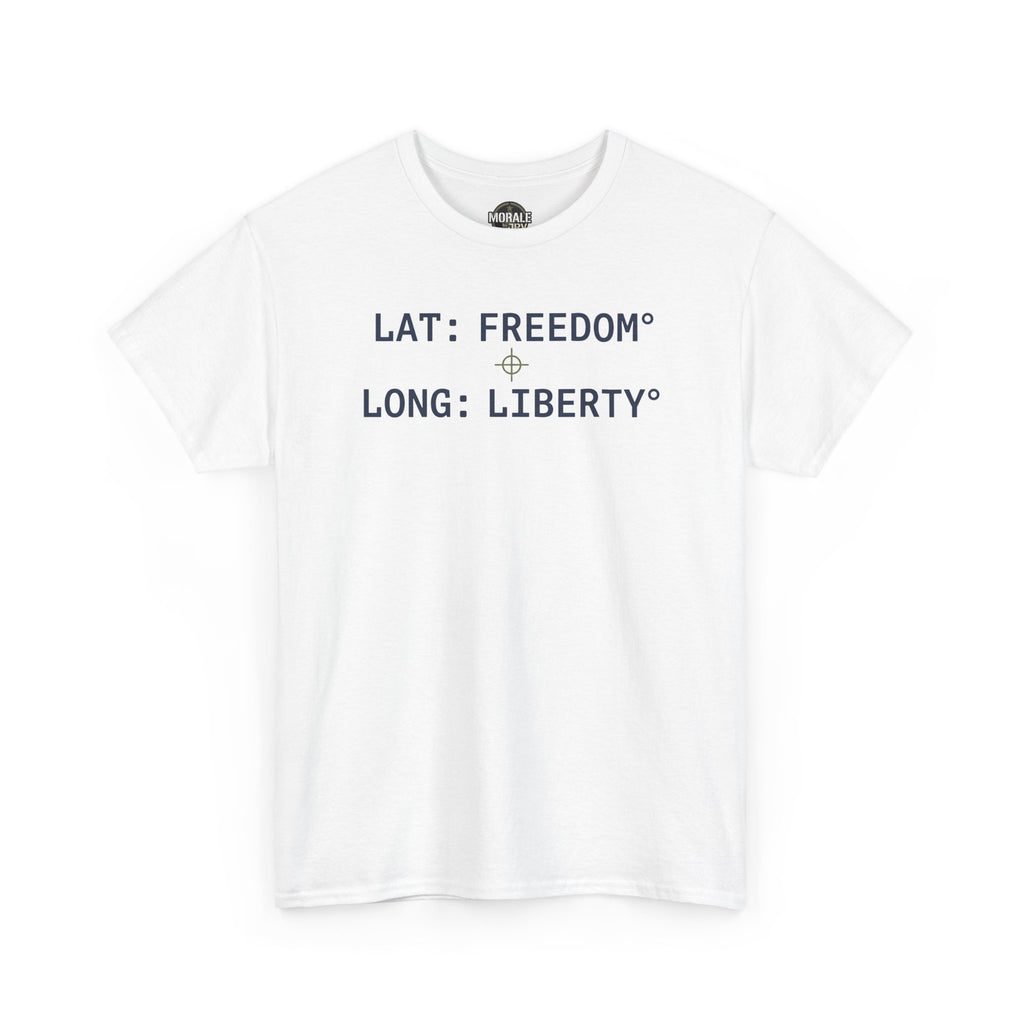 White T-shirt with "LAT: FREEDOM" and "LONG: LIBERTY" graphic