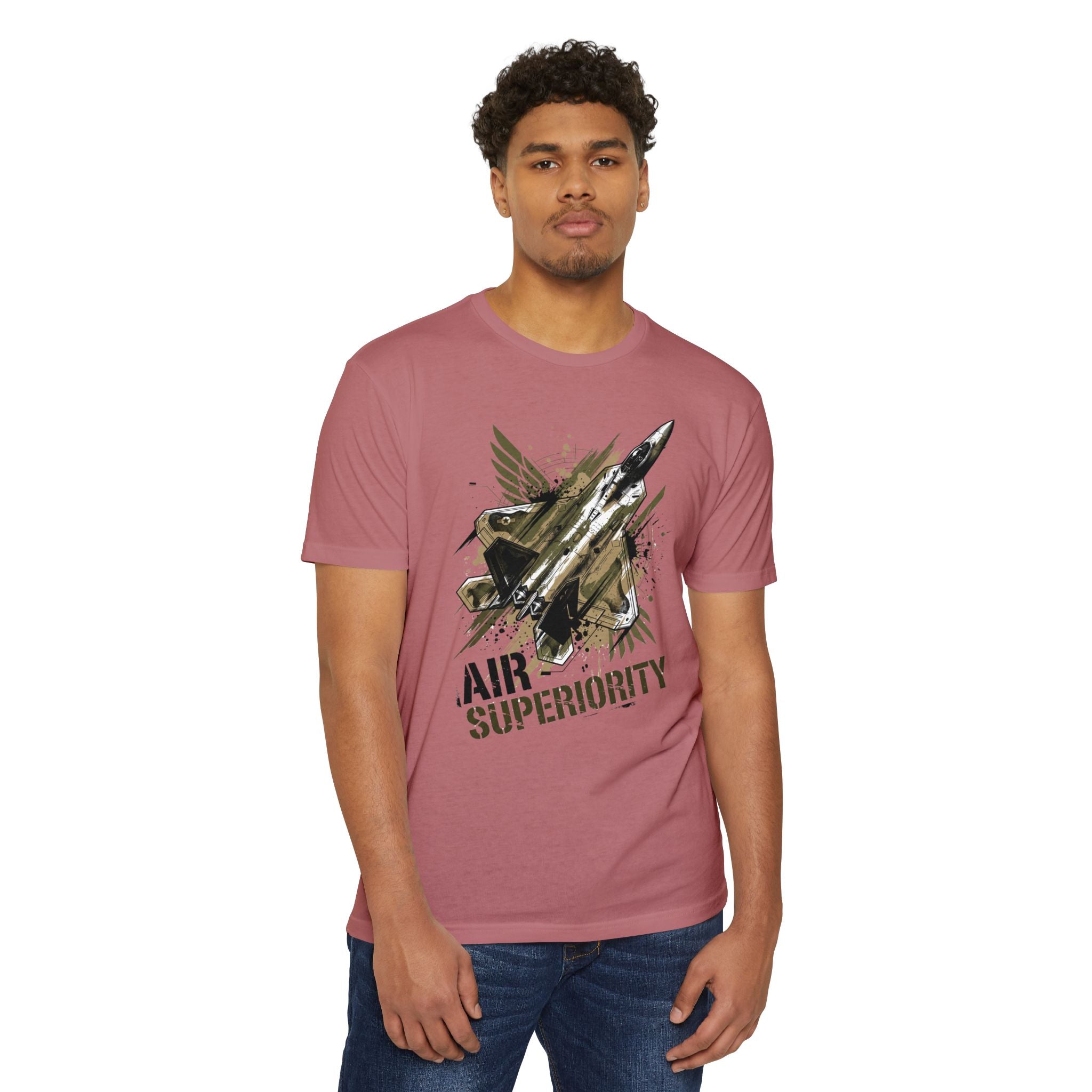 Maroon jet fighter graphic t-shirt with “Air Superiority” plane front print