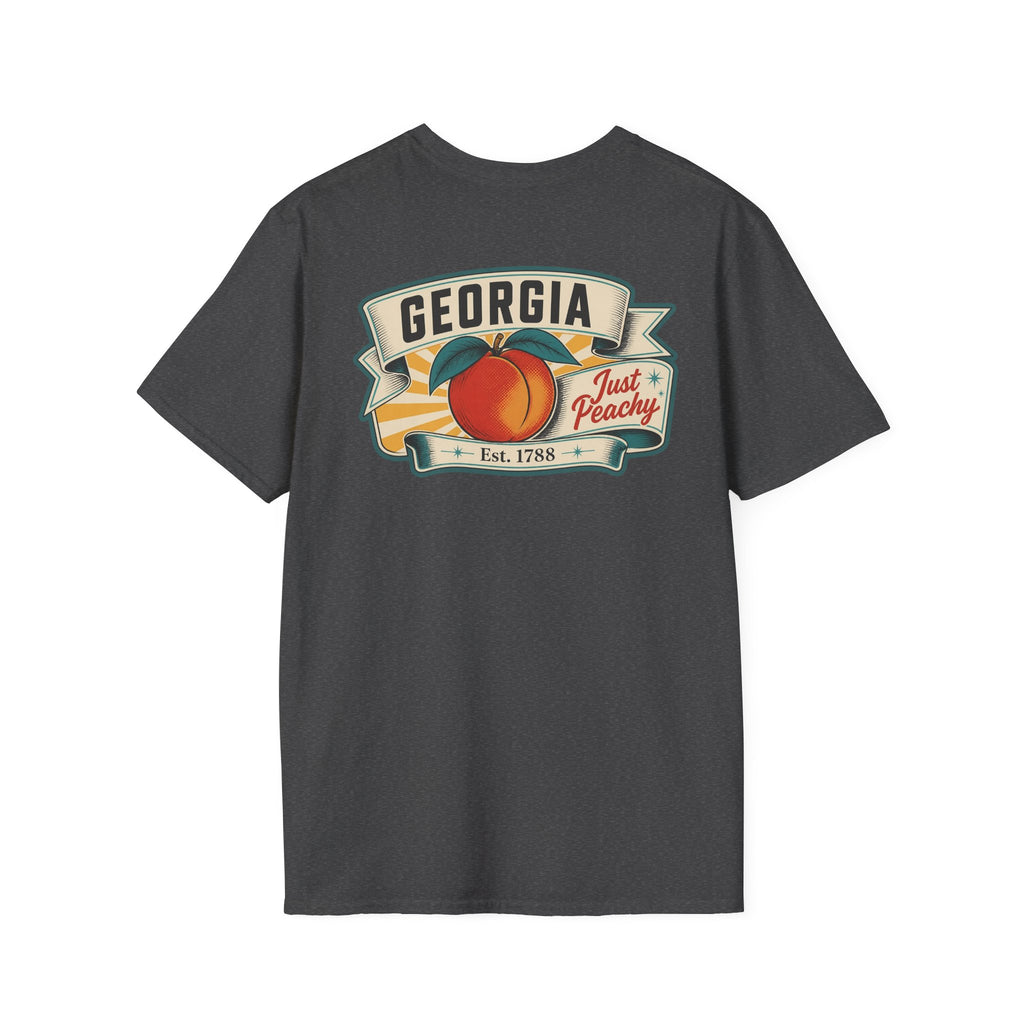 Dark gray T-shirt with Georgia badge logo and peach fruit graphic on front
