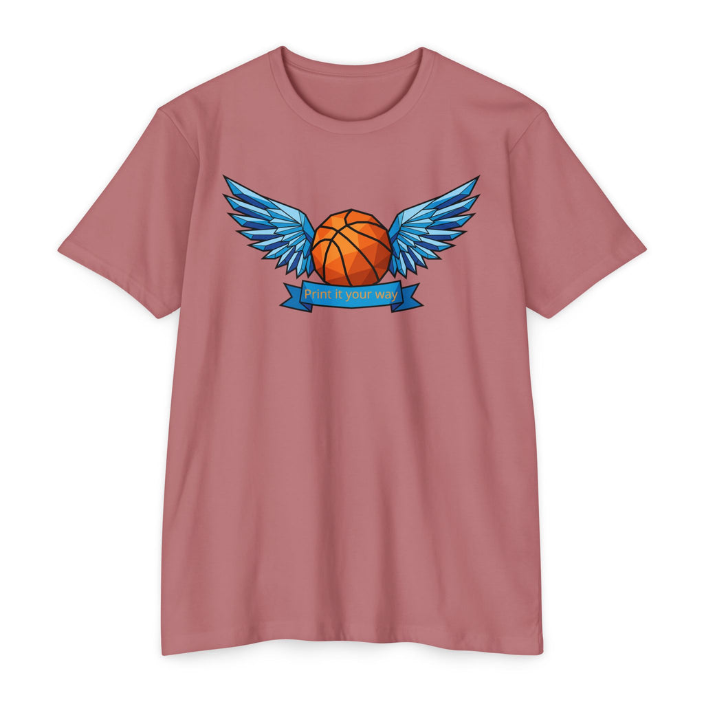 Unisex basketball T-shirt in mauve with blue winged basketball graphic on chest
