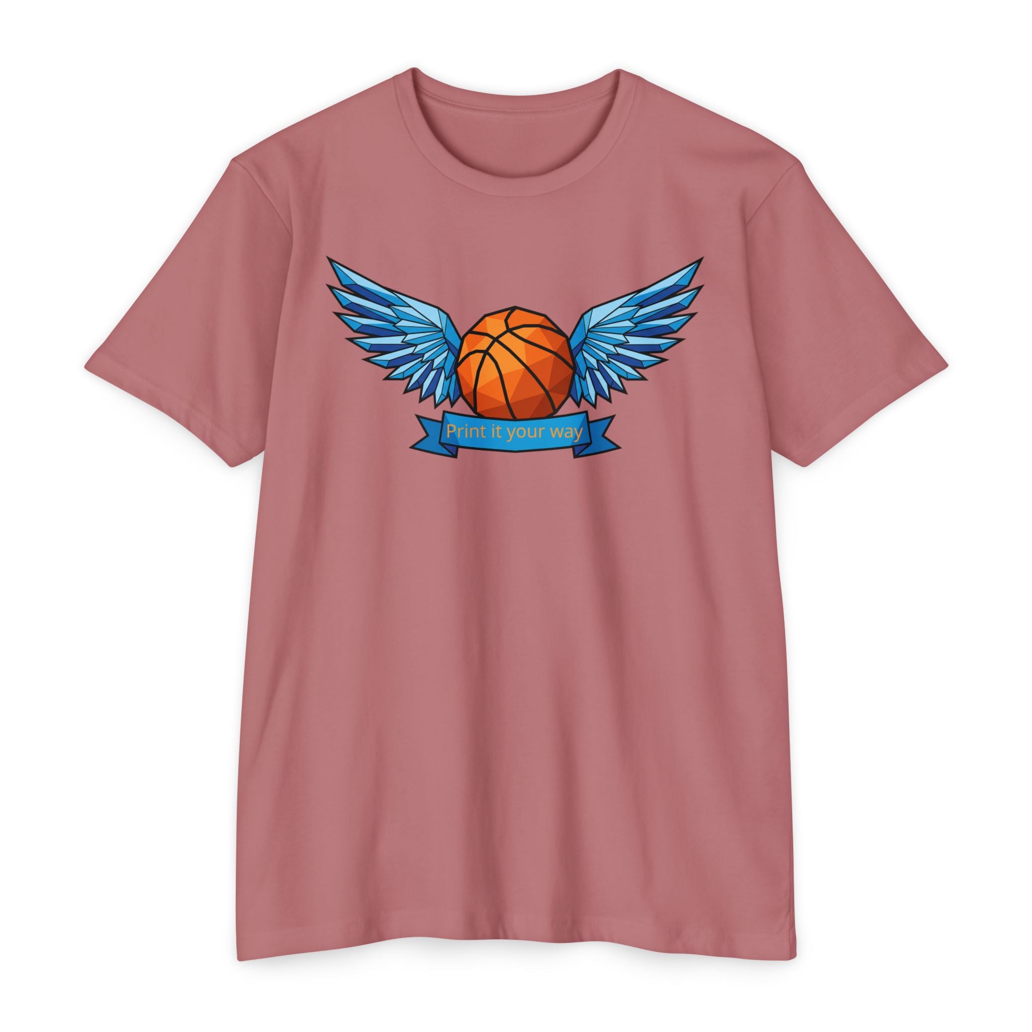 Unisex basketball T-shirt in mauve with blue winged basketball graphic on chest