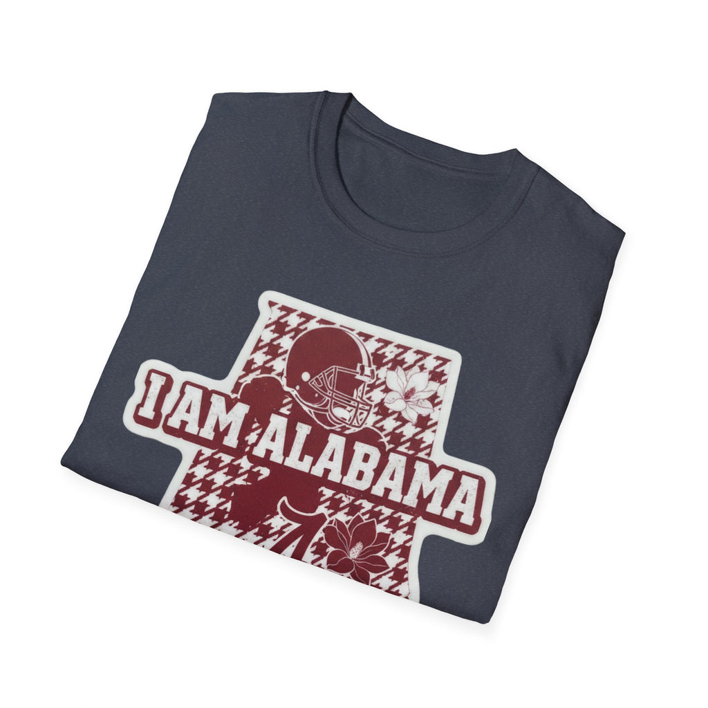 Dark heather T-shirt with I AM ALABAMA houndstooth football graphic in crimson and white