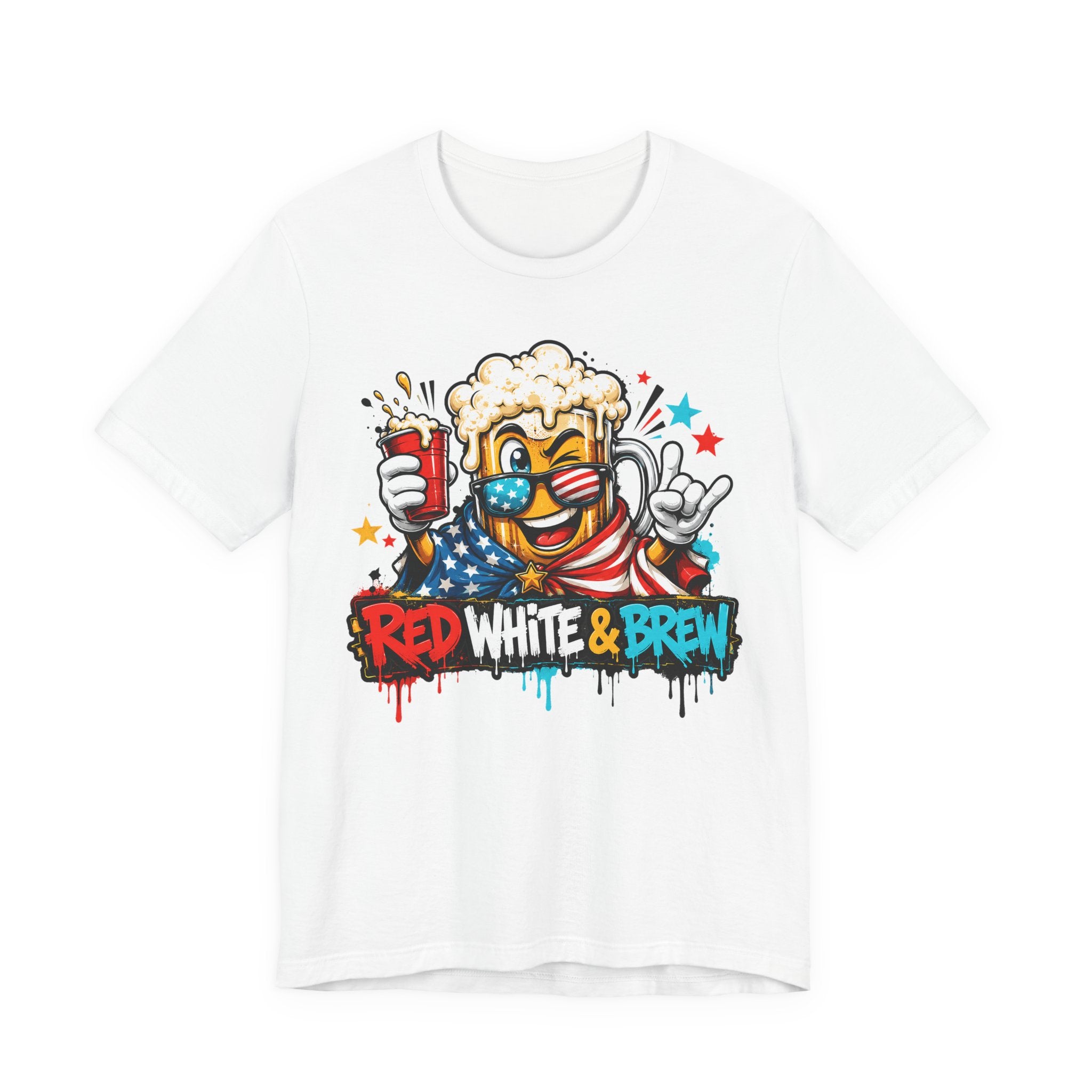 White T-shirt with colorful beer mascot and “Red White & Brew” graphic