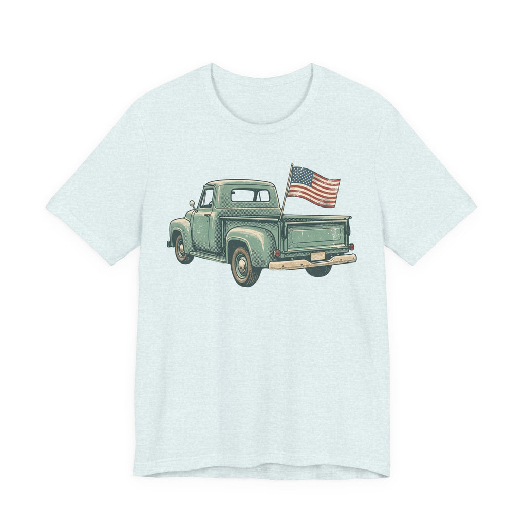 Aqua T-shirt with green pickup truck and American flag graphic