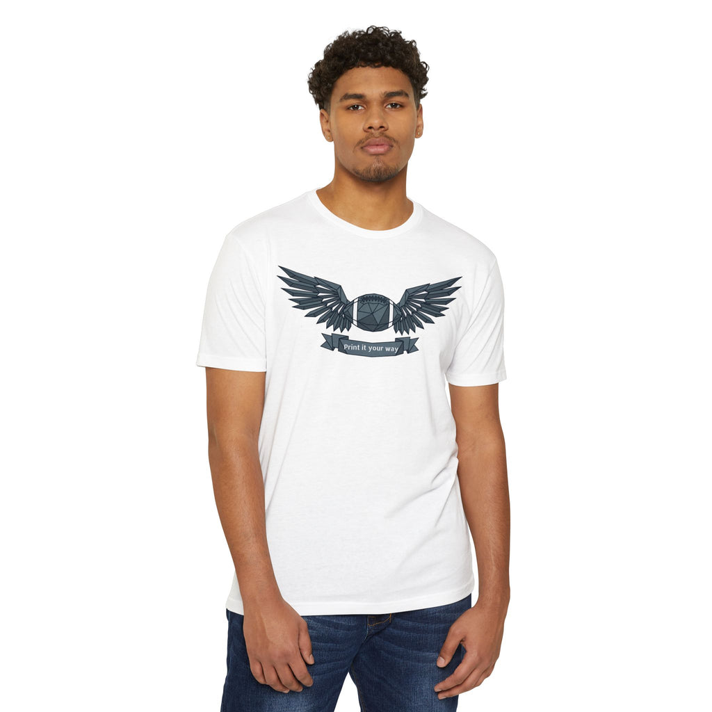White custom t-shirt with winged camera emblem graphic on chest.