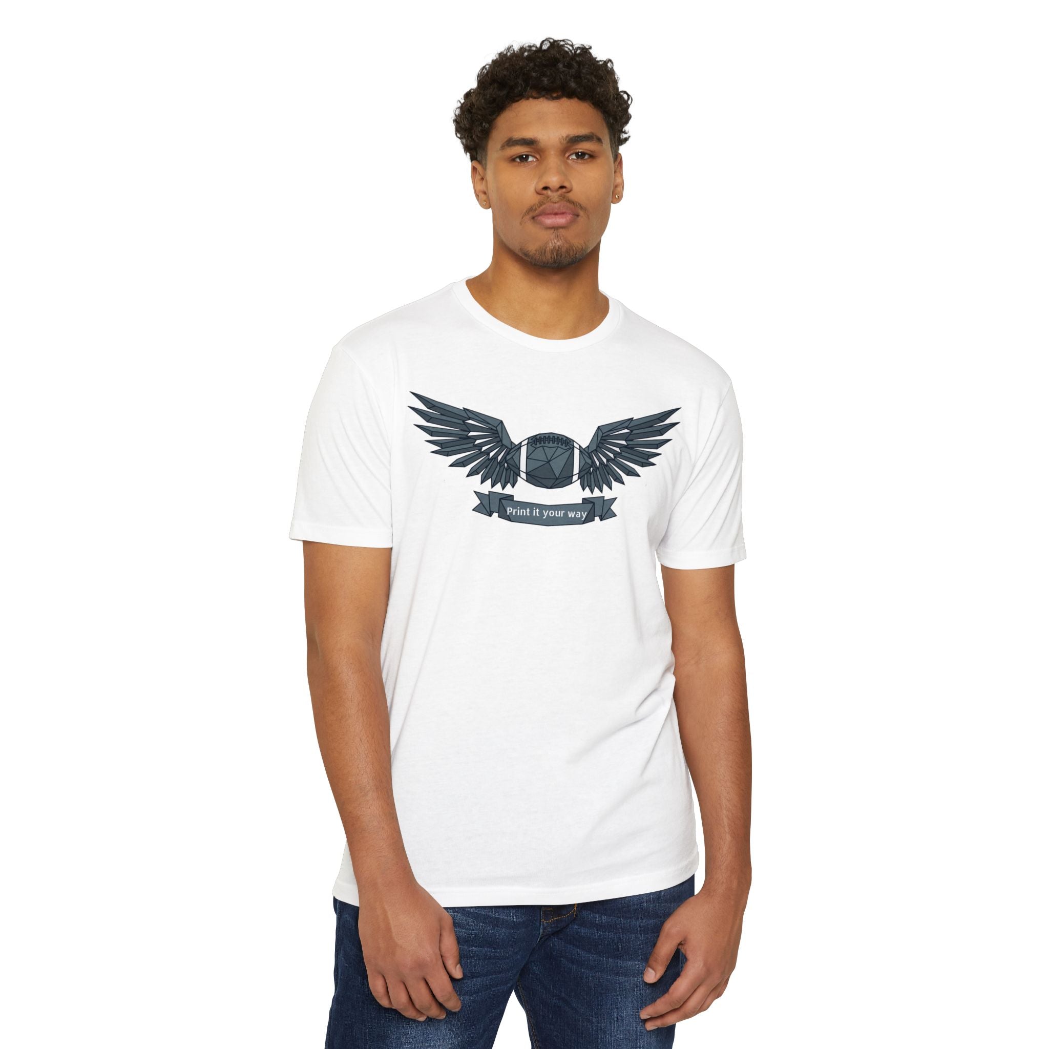 White custom t-shirt with winged camera emblem graphic on chest.