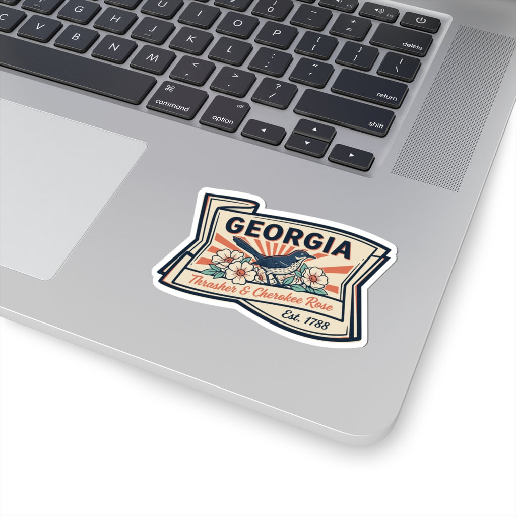 Georgia state badge vinyl sticker on a laptop lid, GEORGIA text and Est. 1788