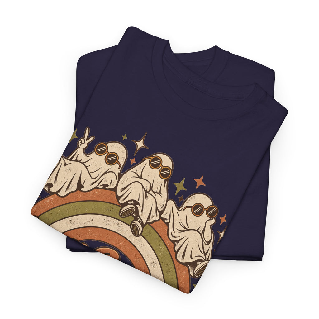 Stay Groovy Ghouls T-Shirt, Retro Rainbow Ghosts in Sunglasses Halloween Shirt for Women and Men, Cute 70s Spooky Tee