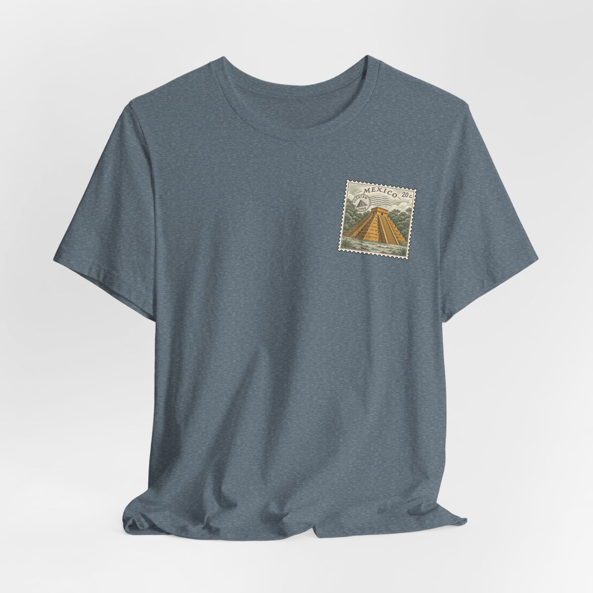 Heather slate travel T-shirt with vintage Mexico postage stamp graphic on chest