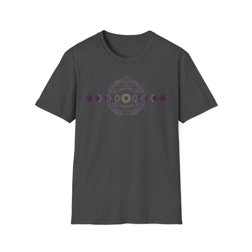 Dark gray T-shirt with purple moon-phase circular geometric graphic on chest