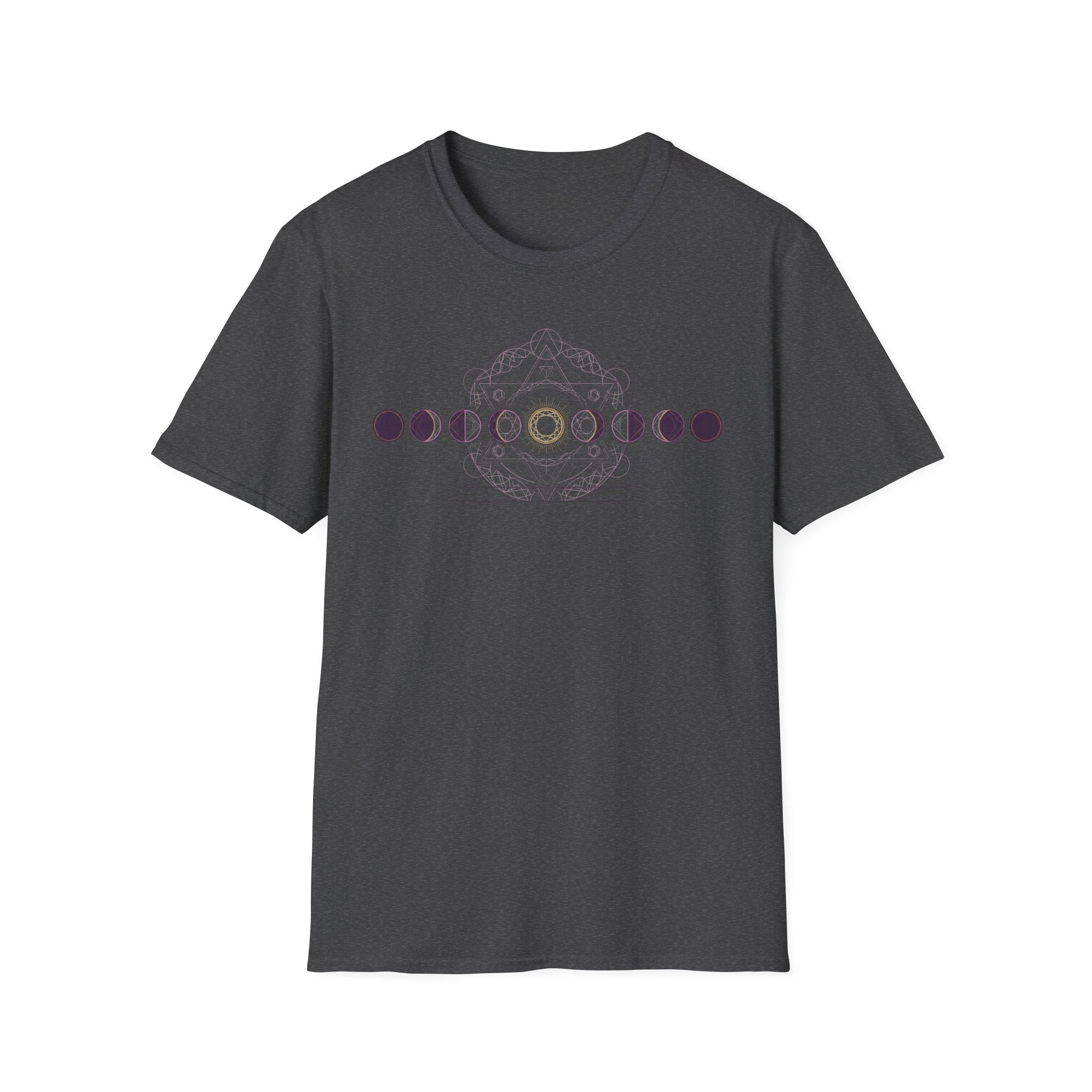Dark gray T-shirt with purple moon-phase circular geometric graphic on chest