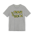 Heather gray T-shirt with dotted Washington outline floral graphic in green and gold