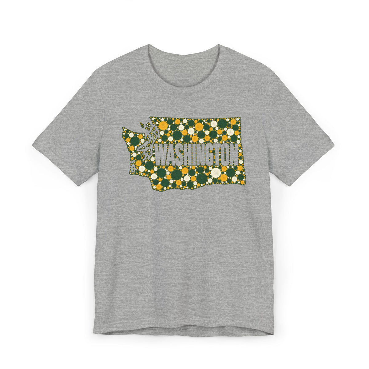 Heather gray T-shirt with dotted Washington outline floral graphic in green and gold