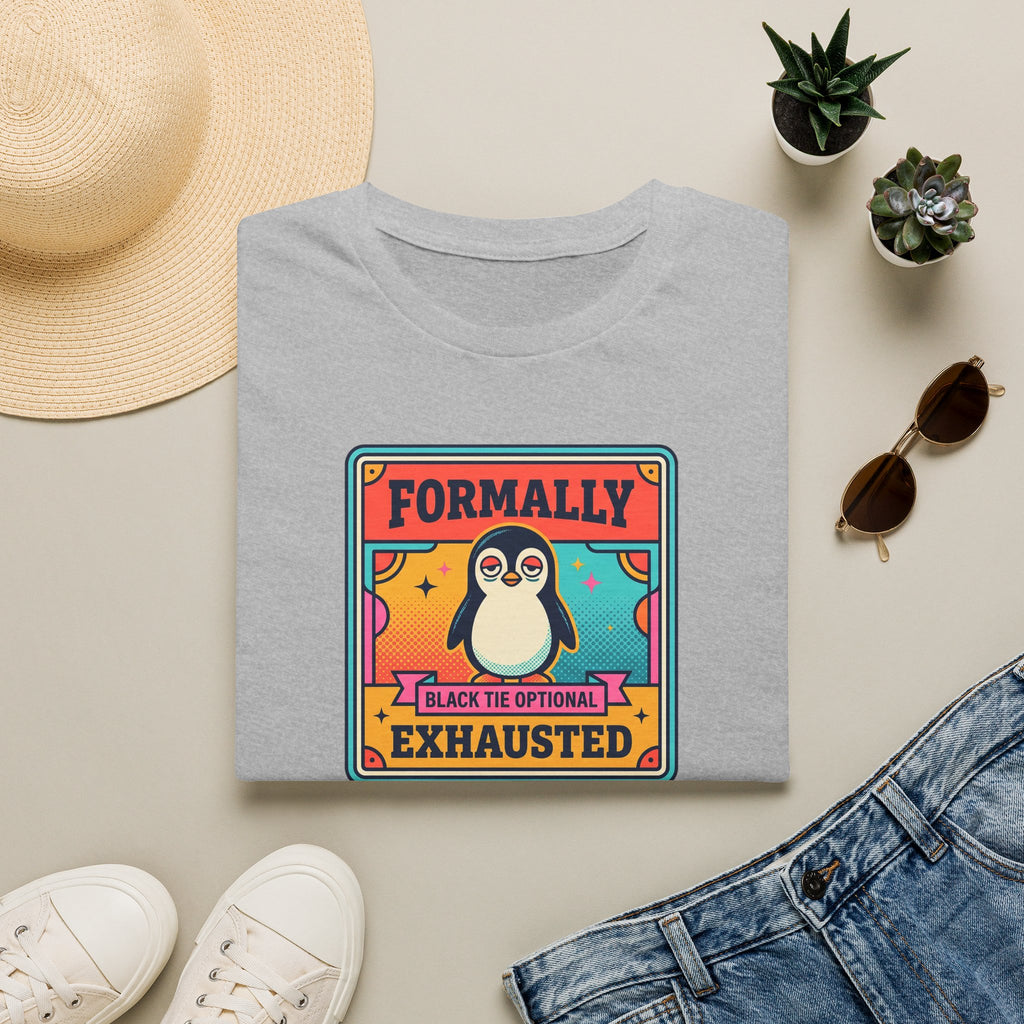 Light gray crew-neck T-shirt with centered retro penguin badge reading “Formally” and “Exhausted”.