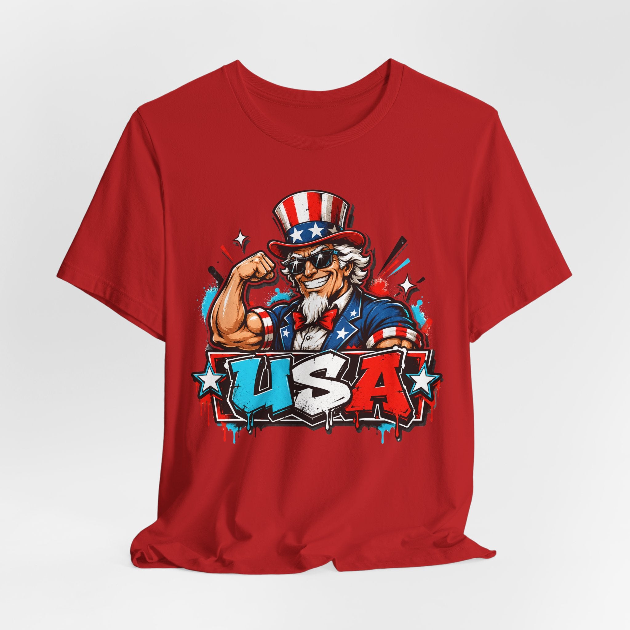Red muscle t-shirt with Uncle Sam holding fist and USA word graphic