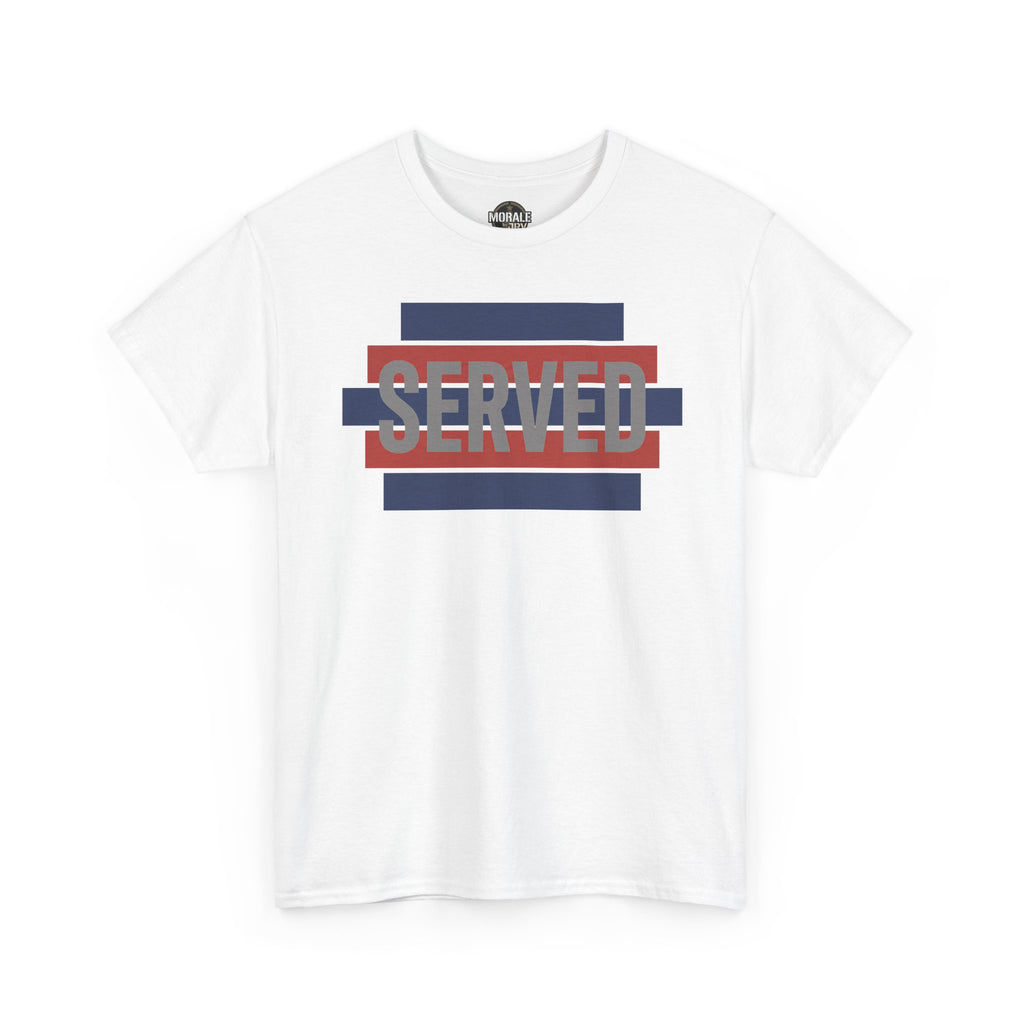 White T-shirt with red white blue striped SERVED graphic on front, crew neck