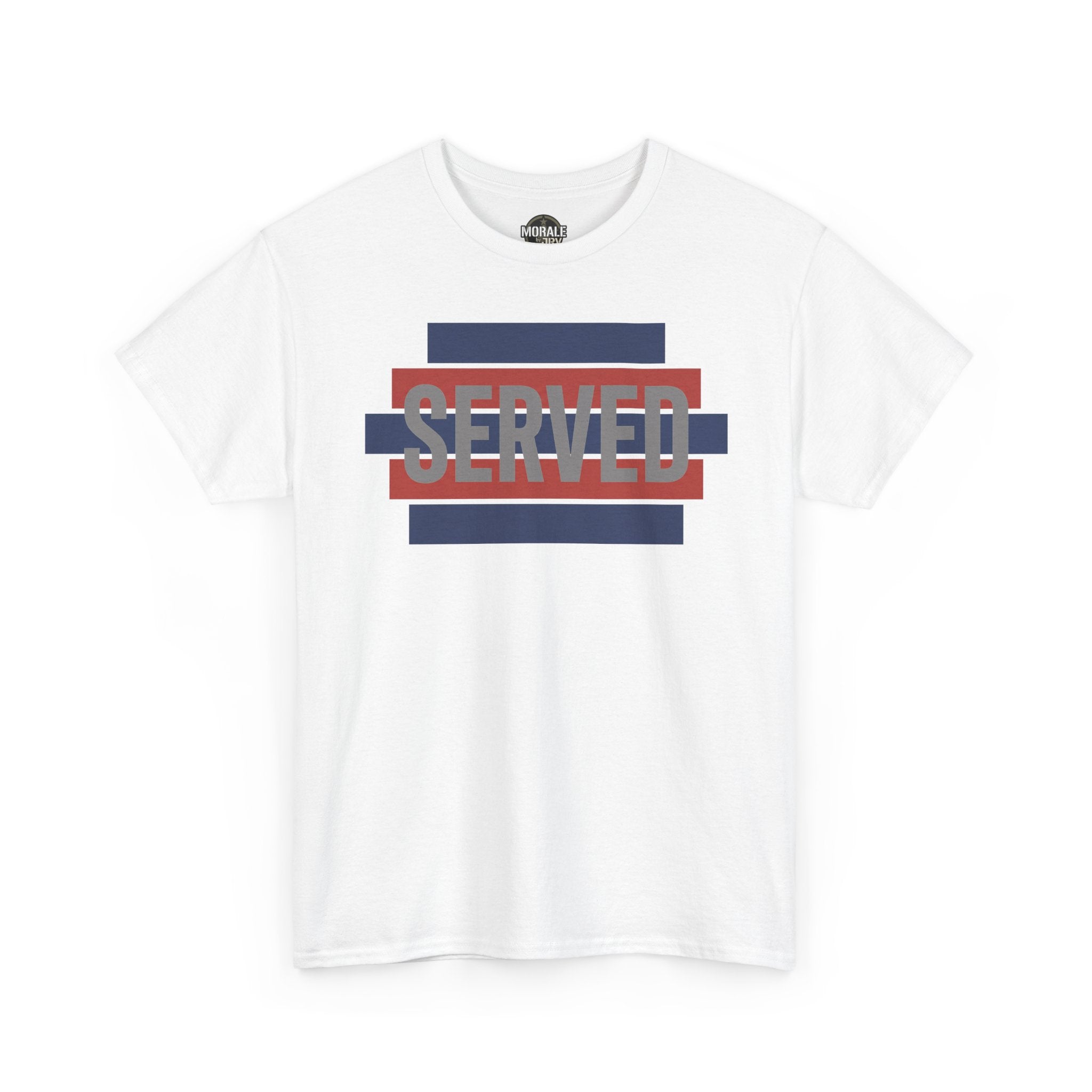 White T-shirt with red white blue striped SERVED graphic on front, crew neck