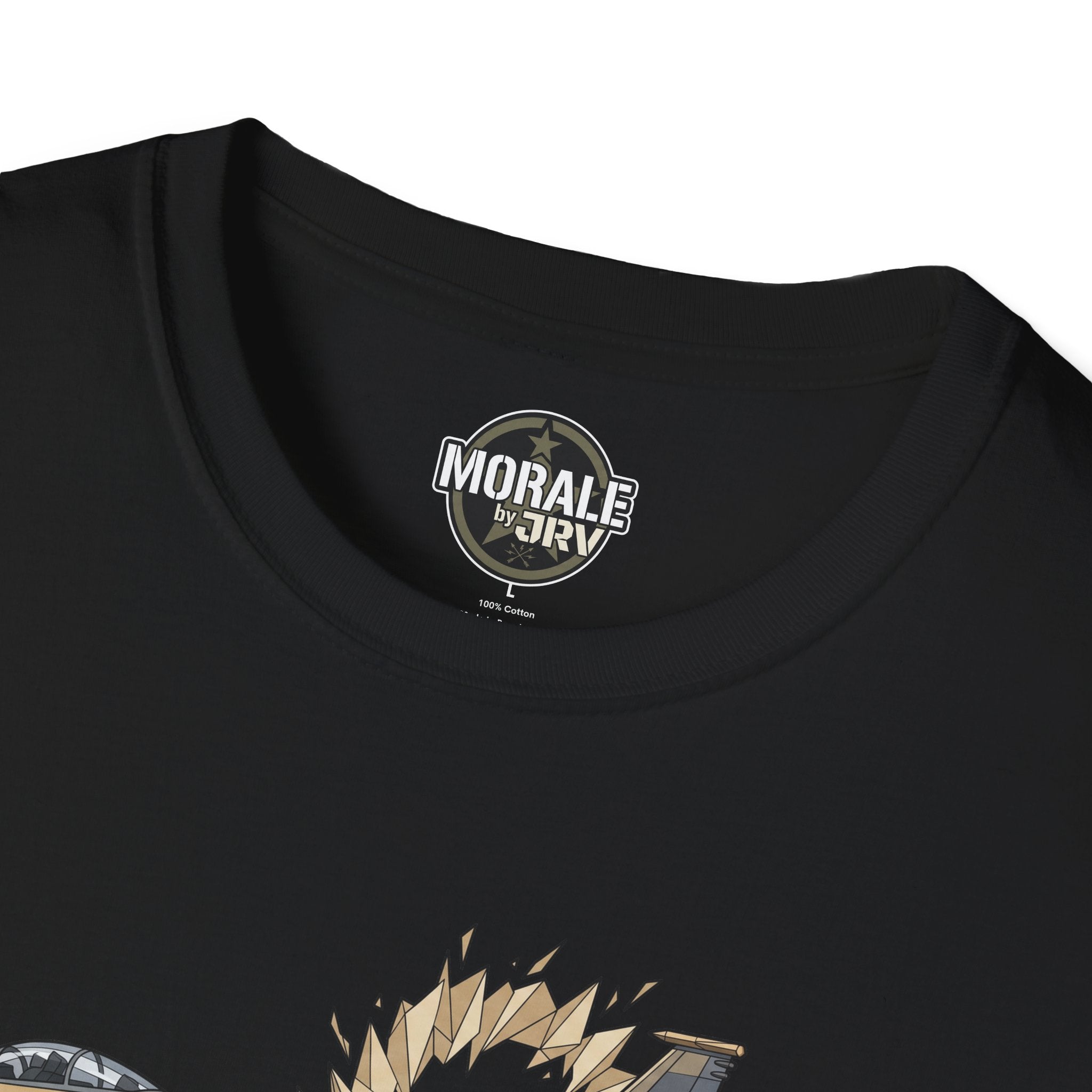 Black crew-neck t-shirt close-up of neck label with part of fighter jet graphic