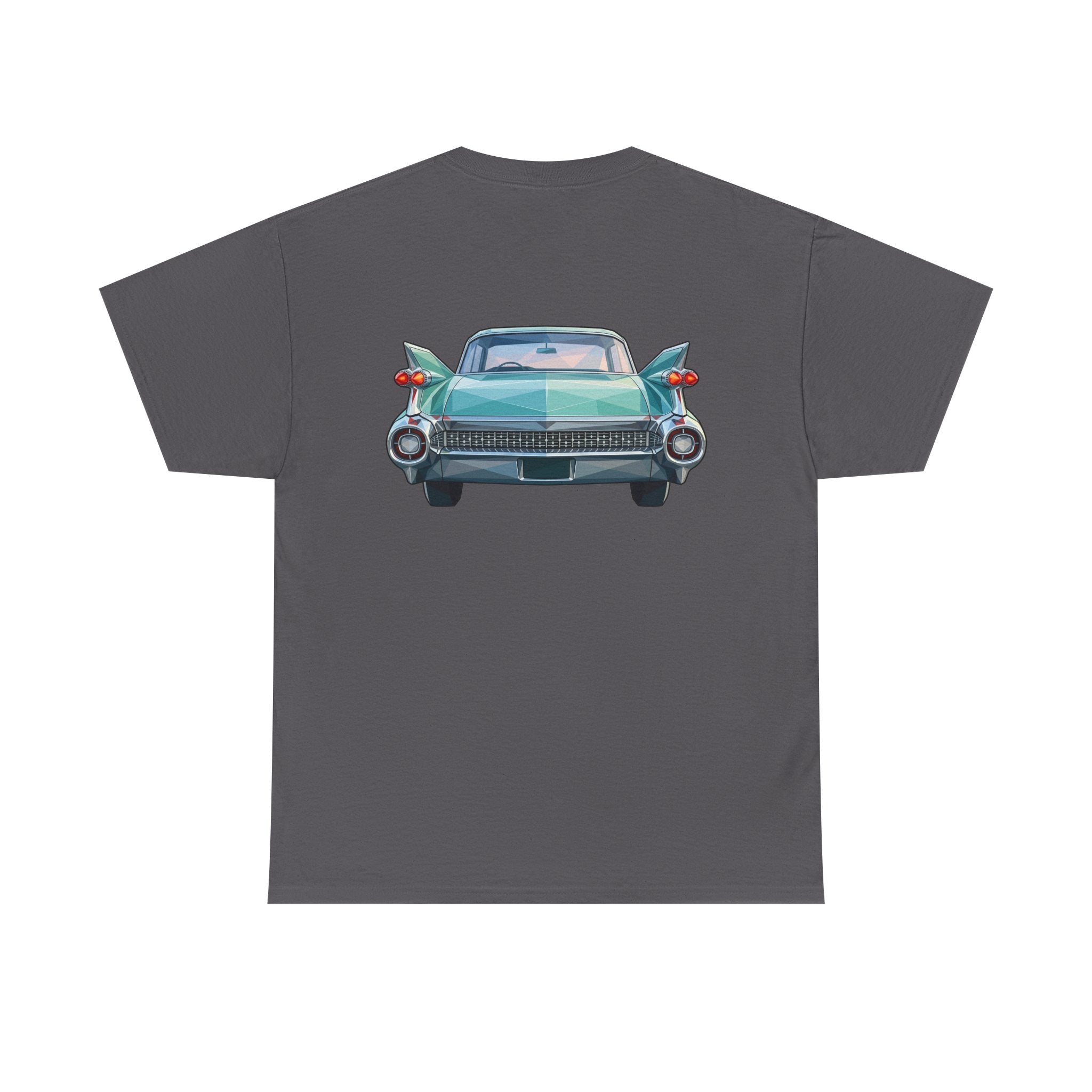 Dark gray t-shirt with teal classic car front illustration
