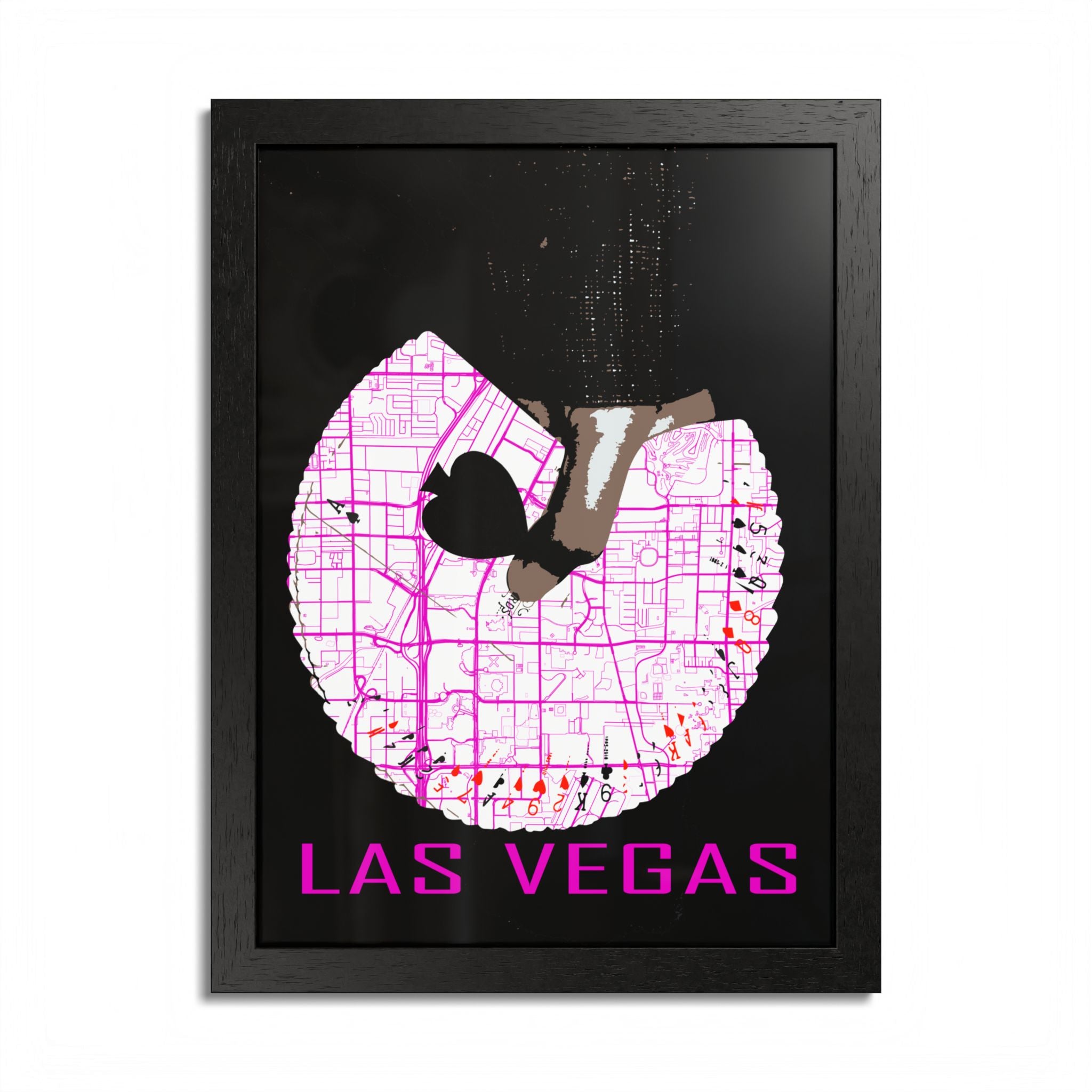 Las Vegas Pinup-Poster: grauer Rahmen, Kartengrafik mit Pinup-Silhouette und „LAS VEGAS“