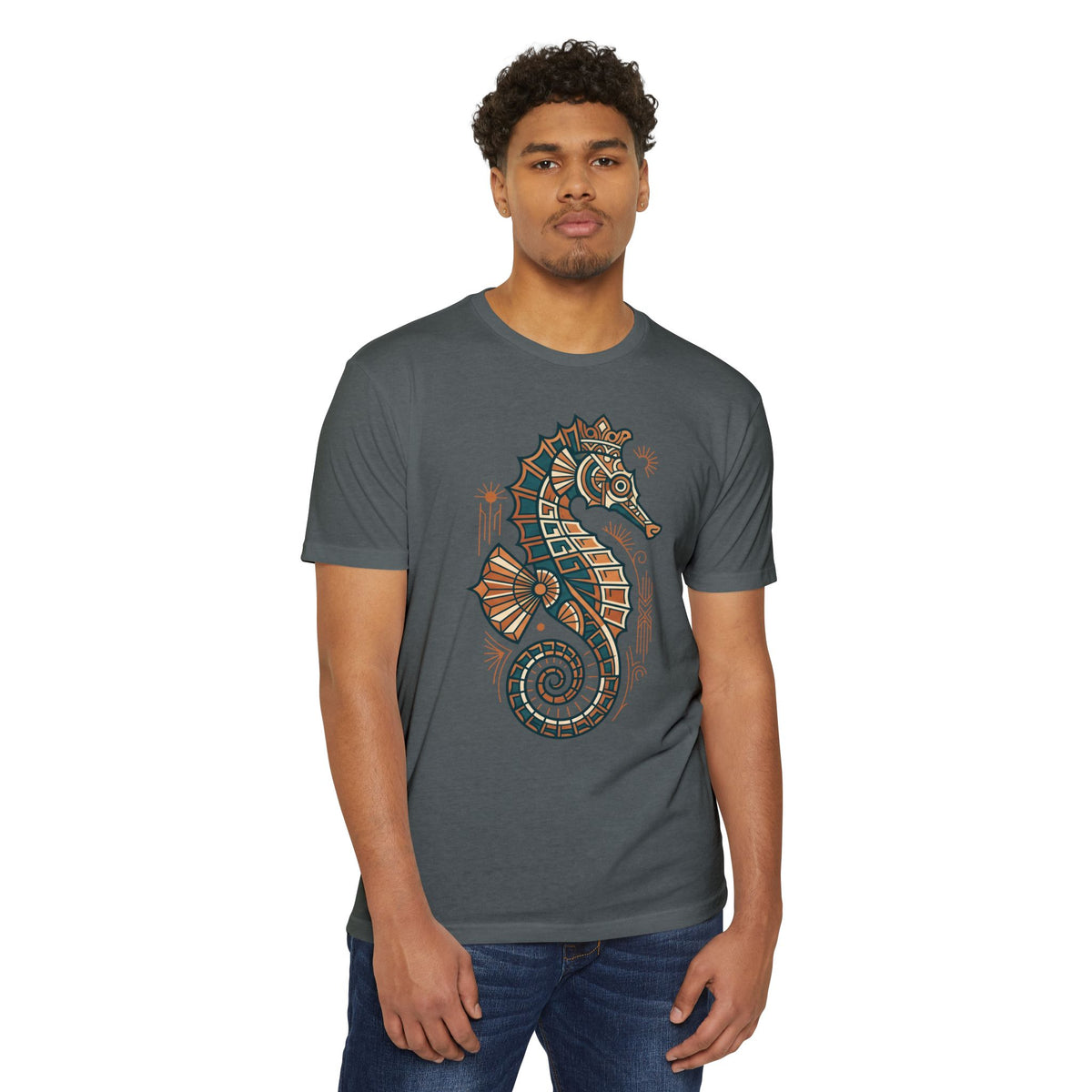 Charcoal crew-neck T-shirt with colorful seahorse mosaic graphic on the front