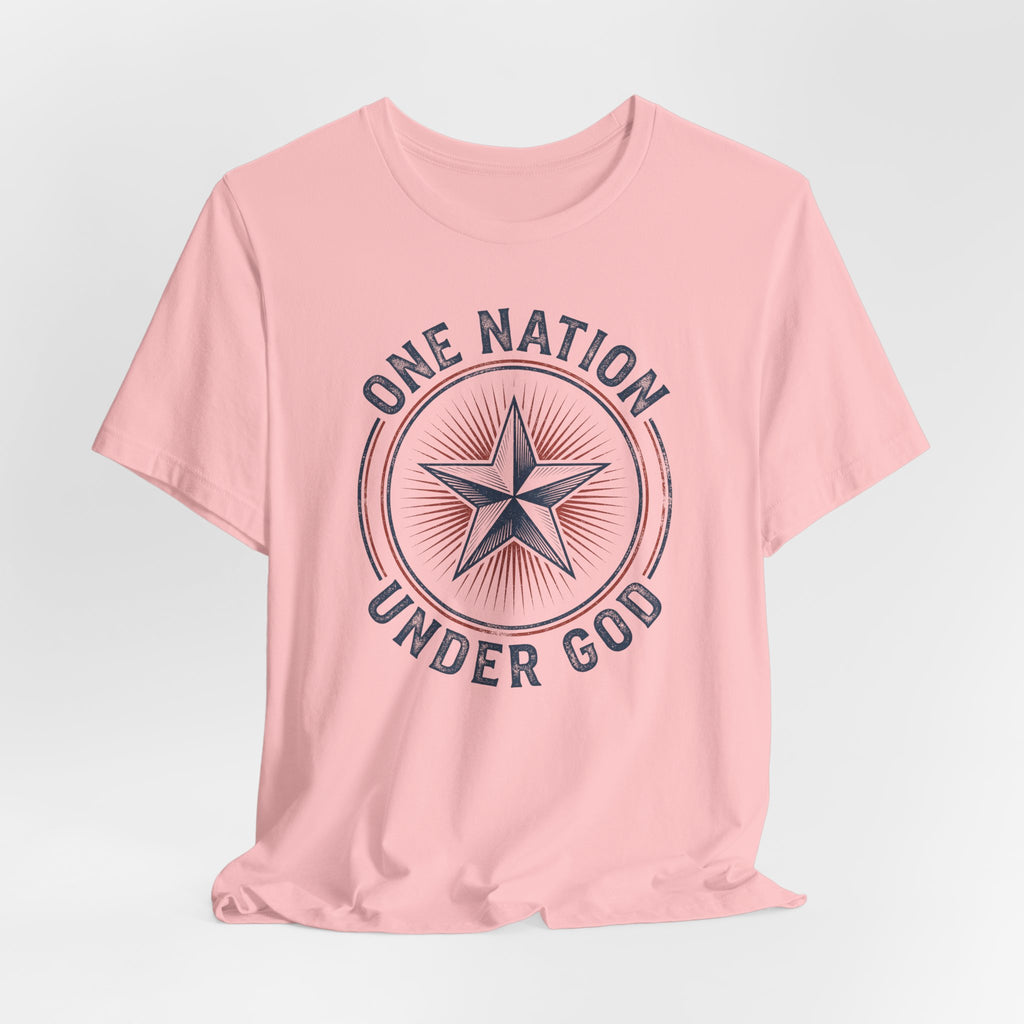 Peach graphic T-shirt with star emblem and arched 'ONE NATION UNDER GOD' text