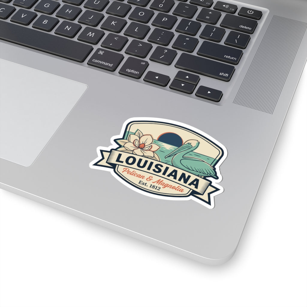 Louisiana pelican and magnolia sticker decal showing ribbon banner and “Est. 1812” text.