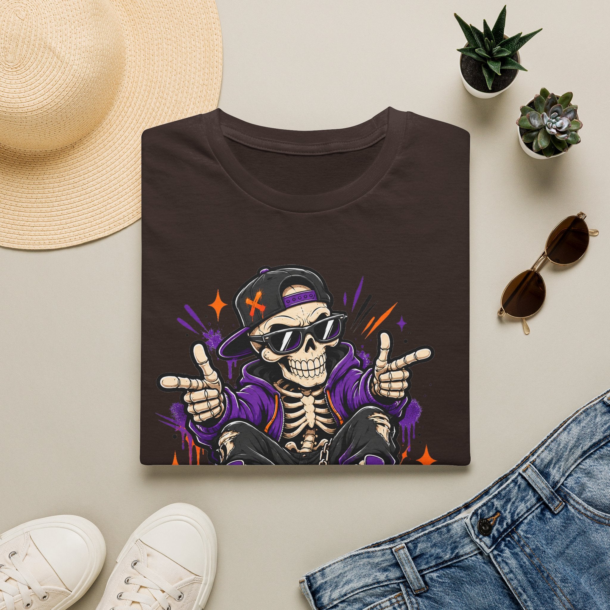 Dark brown Skeleton DJ T-shirt with skull wearing headphones and purple handsign graphic print