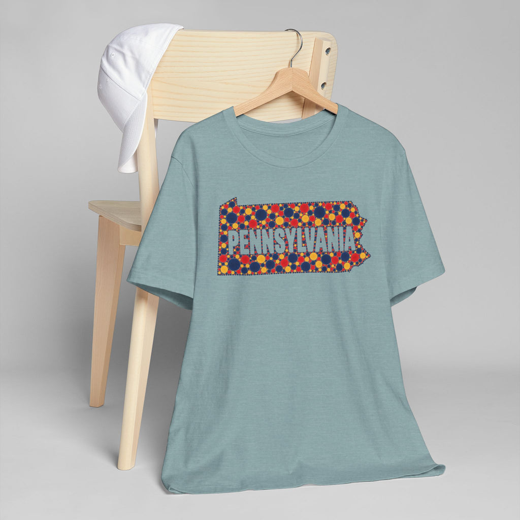 Light blue short-sleeve T-shirt with colorful floral Pennsylvania word graphic