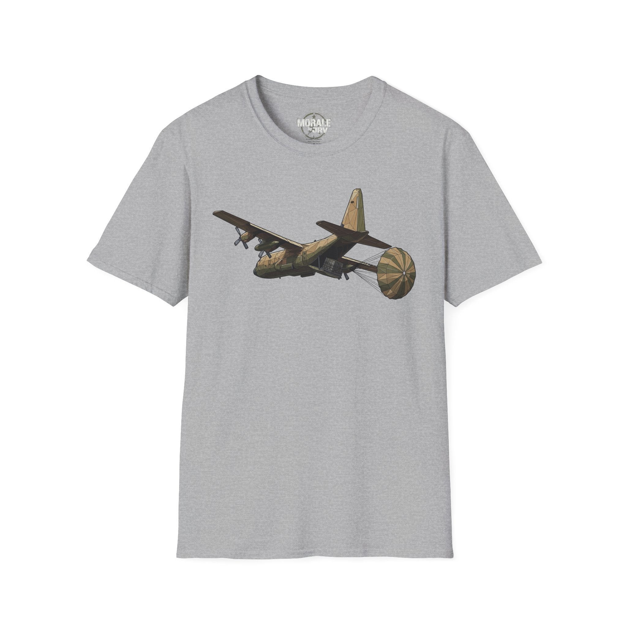 Sport grey T-shirt with vintage C-130 cargo plane graphic on the chest