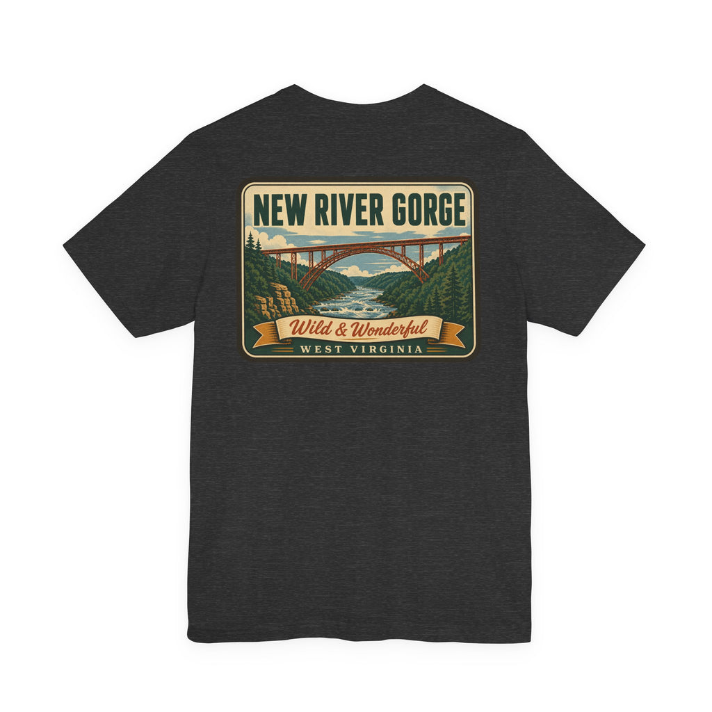Dark heather short-sleeve T-shirt with New River Gorge scenic patch graphic