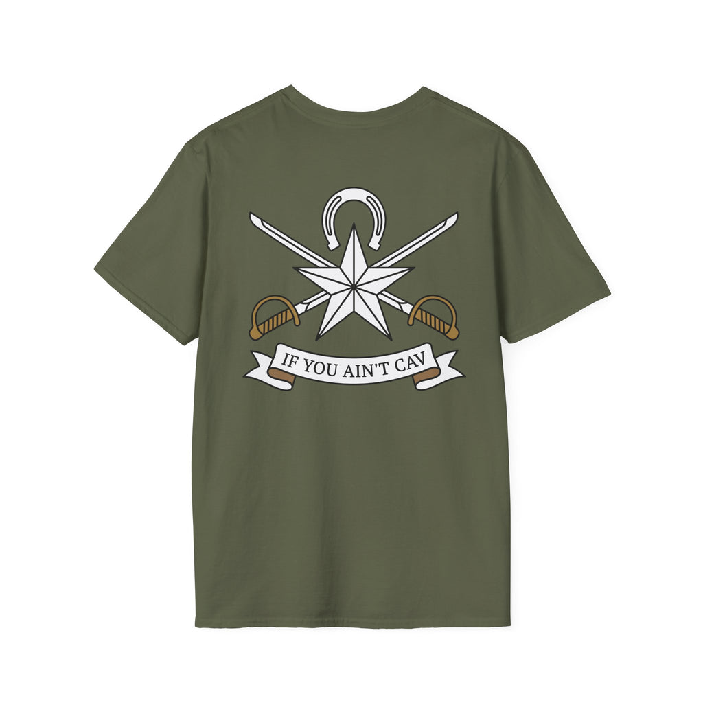 Military green T-shirt with star, crossed swords, and ribbon text graphic on chest