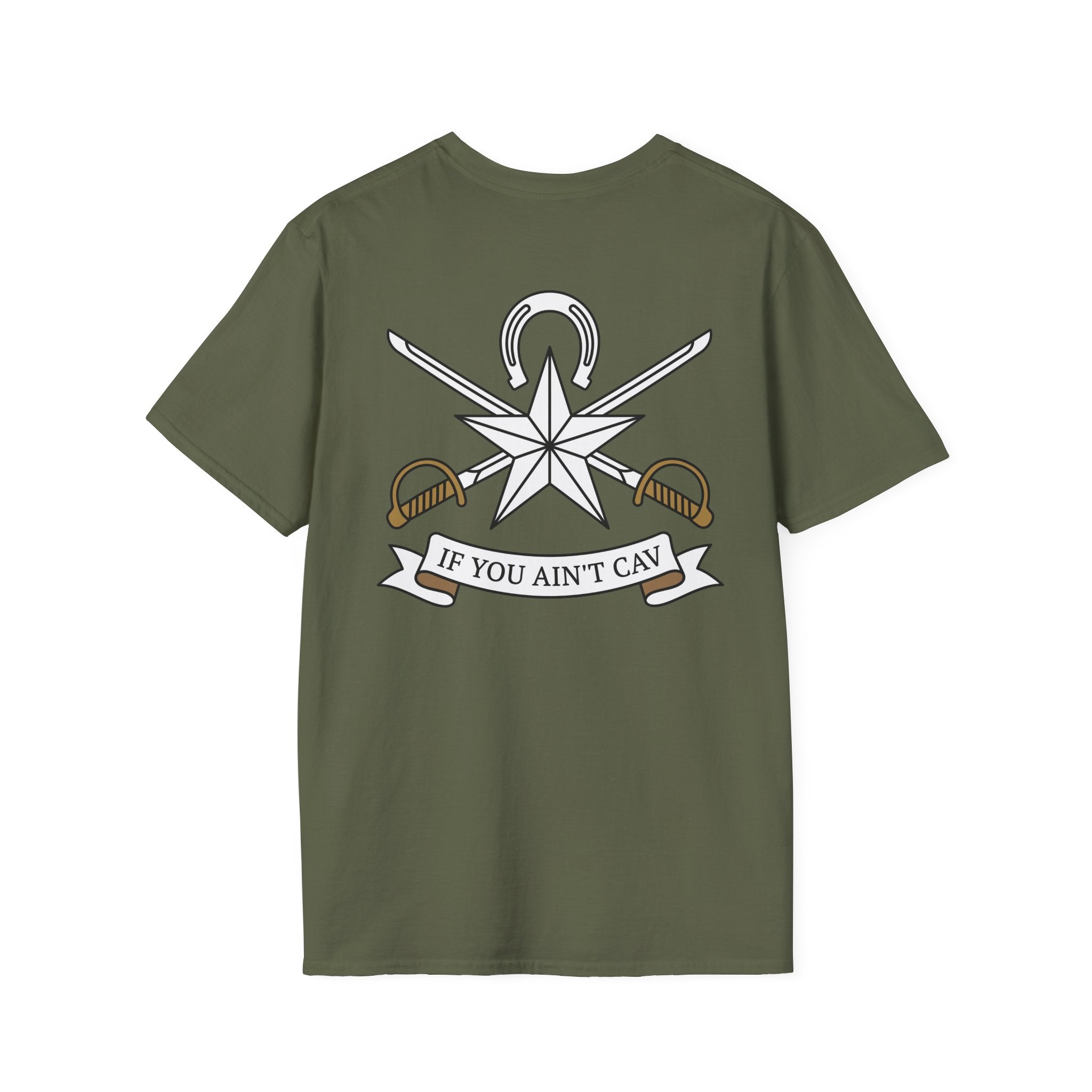 Military green T-shirt with star, crossed swords, and ribbon text graphic on chest