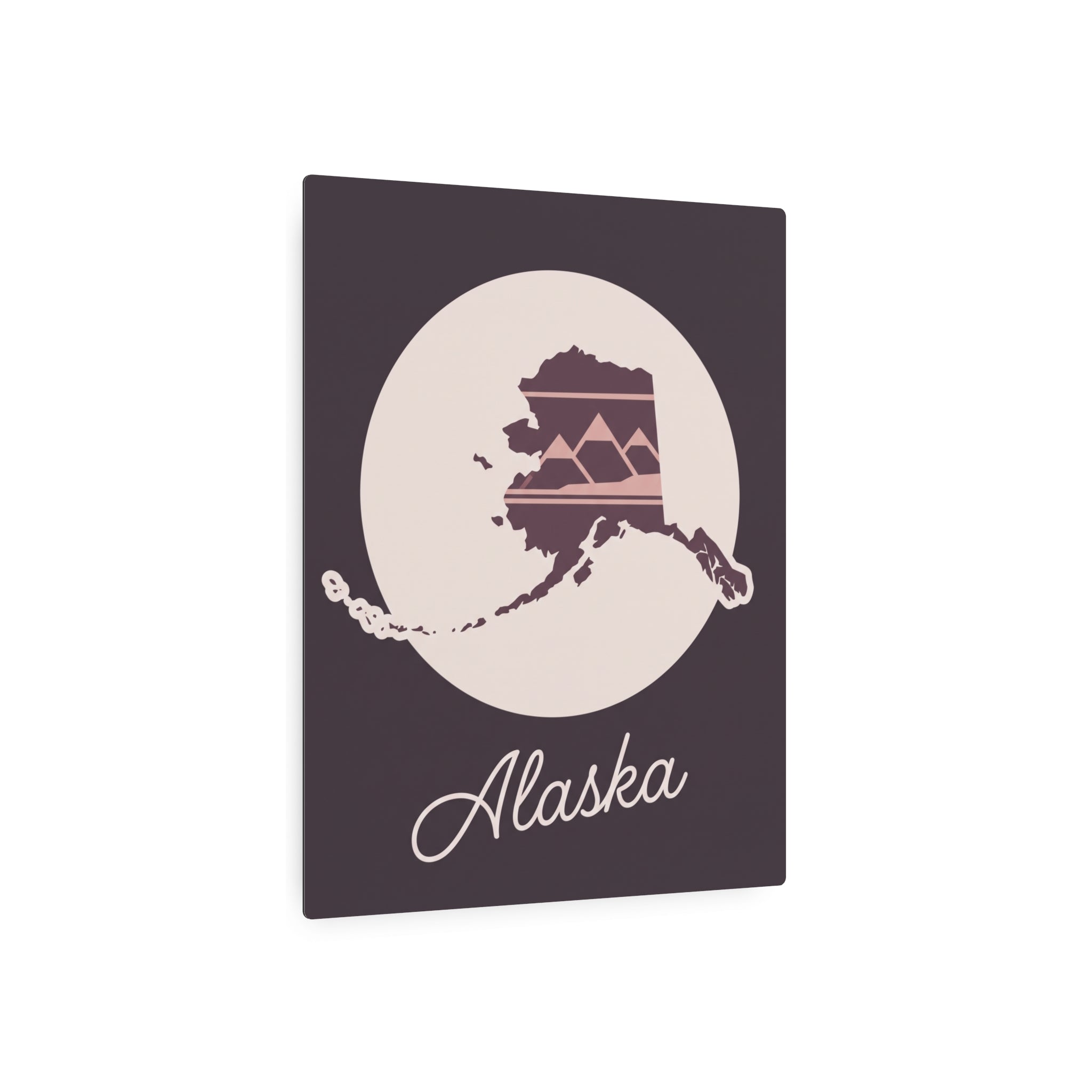 Mauve metal wall art square with Alaska silhouette in circle and cursive “Alaska”