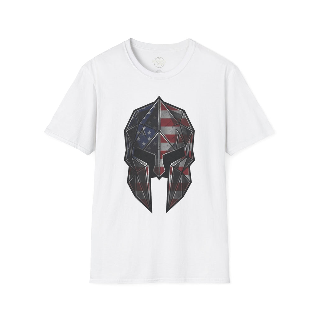American Flag Spartan Helmet T-Shirt, white with geometric eagle skull graphic (Printify)