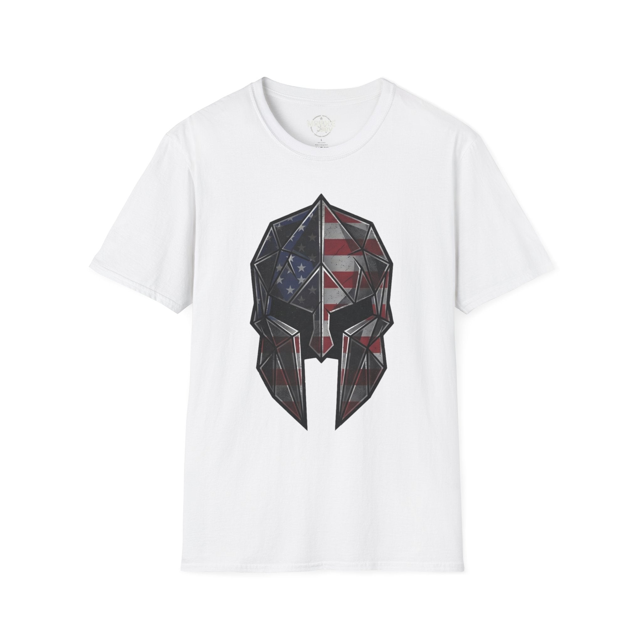 American Flag Spartan Helmet T-Shirt, white with geometric eagle skull graphic (Printify)