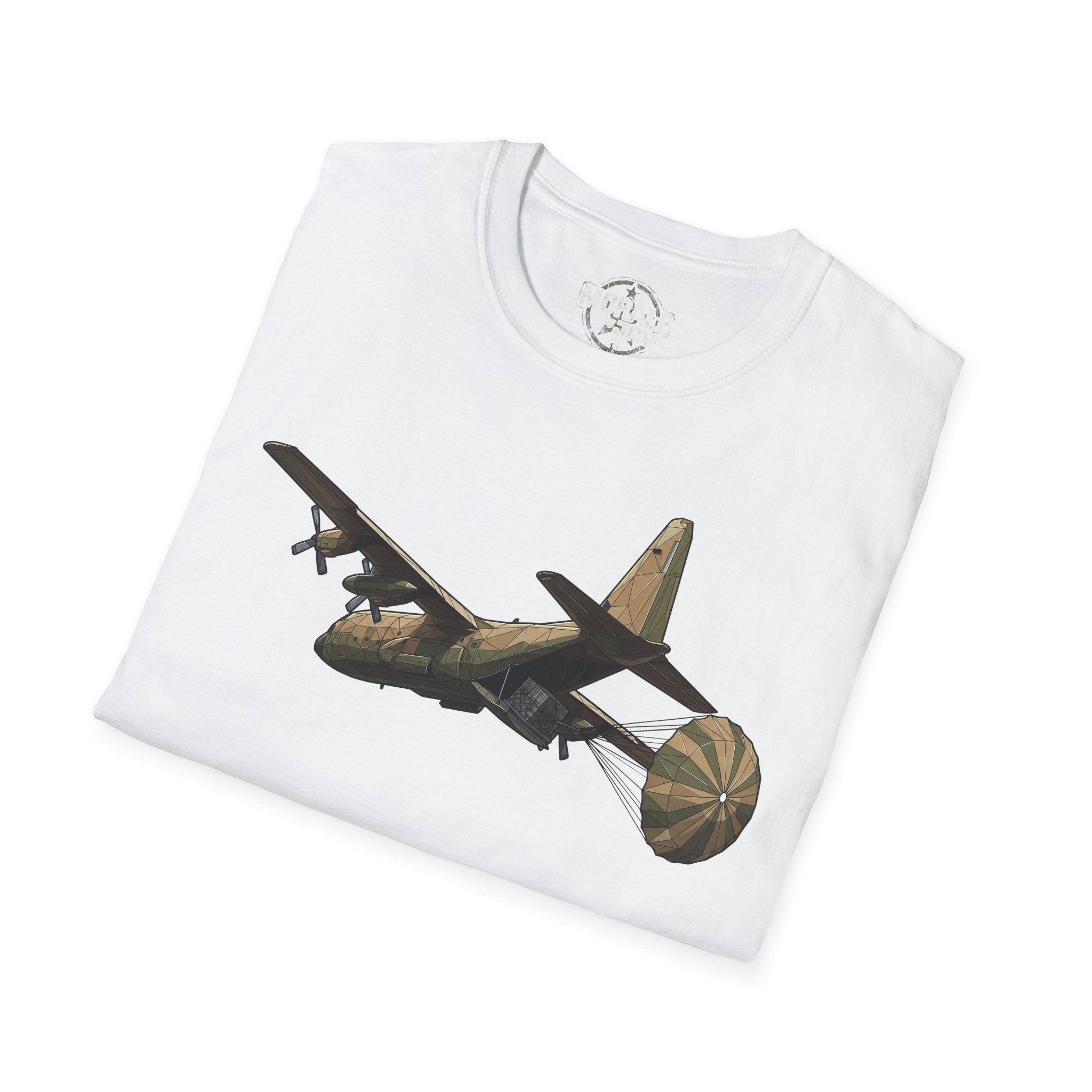 Vintage C-130 cargo plane T-shirt, white, military transport aircraft graphic