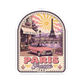 Arched Paris cafe sticker with Eiffel Tower, classic car scene, and PARIS France title