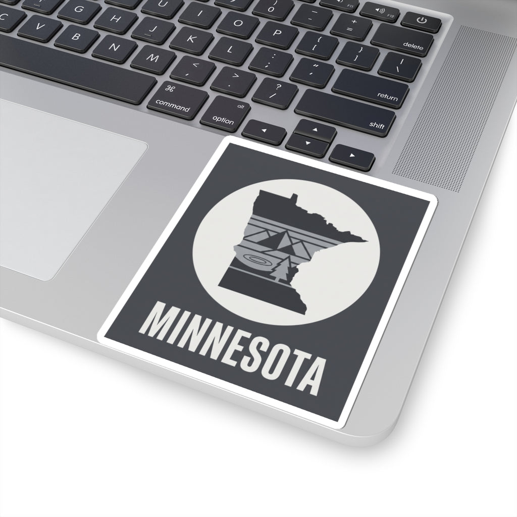 Minnesota logo kiss-cut sticker on laptop, showing circular icon and “MINNESOTA”