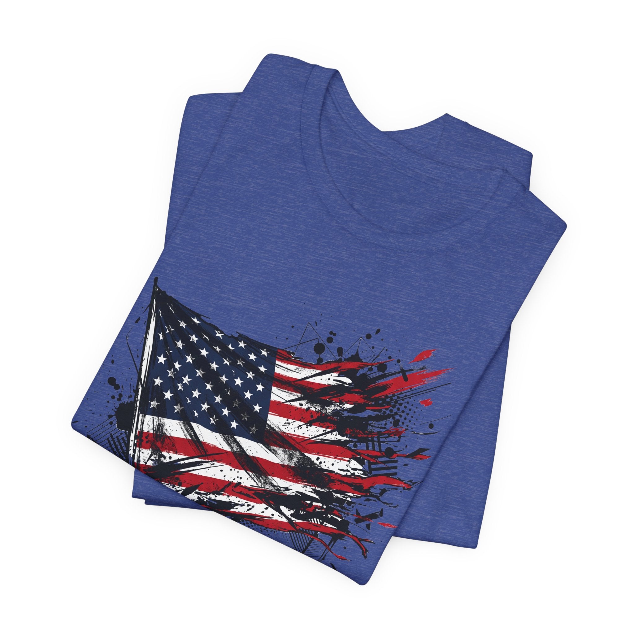 Heather blue distressed American flag graphic t-shirt, short sleeves, crew neck