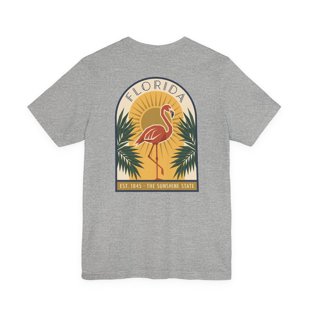 Heather grey flamingo art deco T-shirt with Florida badge and palm graphic