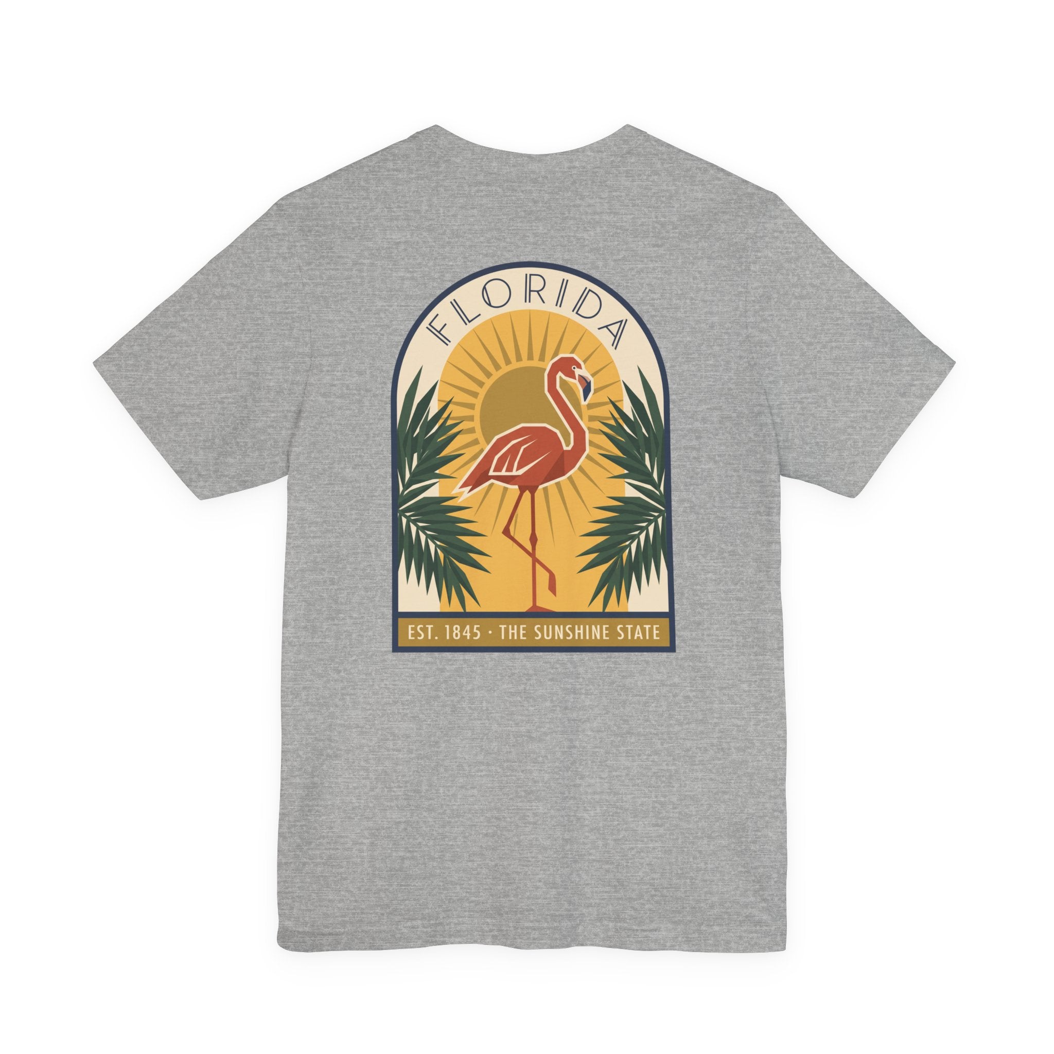 Heather grey flamingo art deco T-shirt with Florida badge and palm graphic