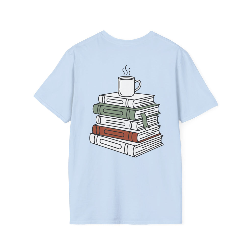 Light blue t-shirt with colorful stacked-books and mug graphic, crew neck.