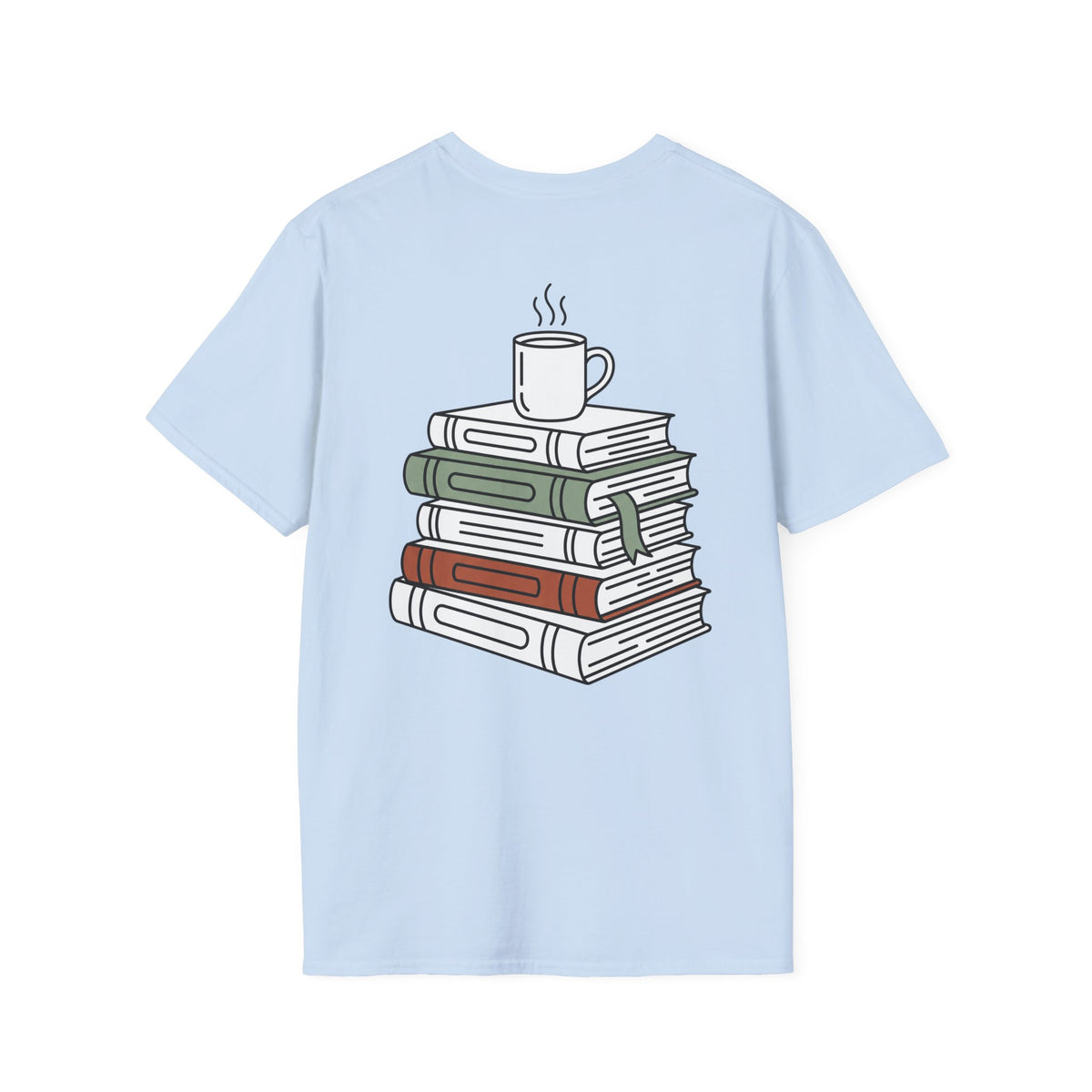 Light blue t-shirt with colorful stacked-books and mug graphic, crew neck.