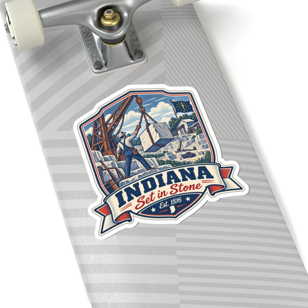 Indiana “Set in Stone” die-cut sticker with monument scene, stars, and Est. 1816