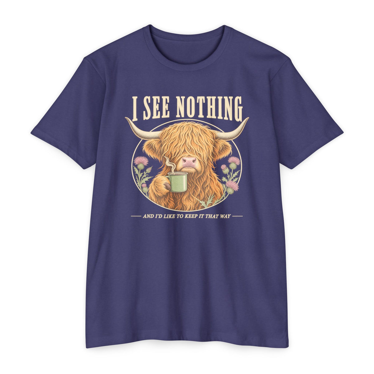 Navy short-sleeve graphic T-shirt with Highland cow holding a coffee mug