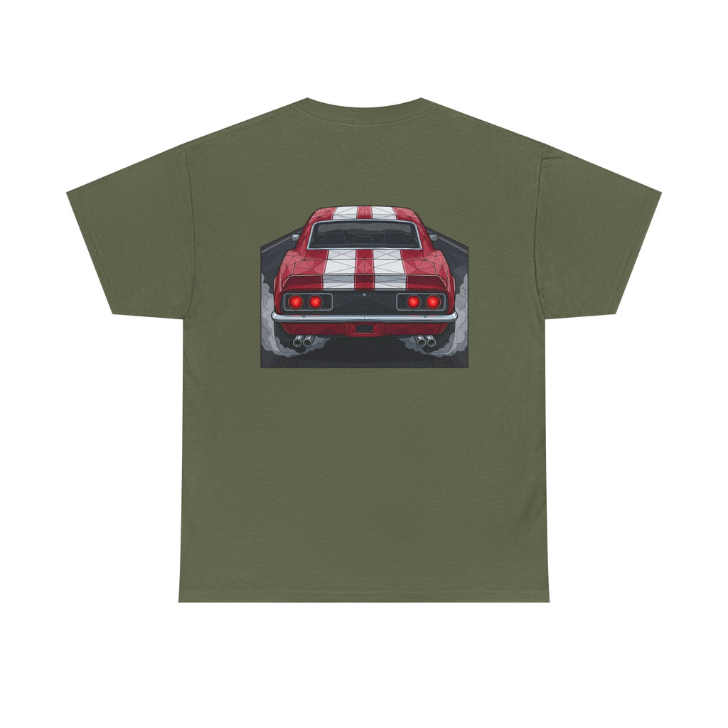 Olive green crew-neck tee with red vintage car rear graphic centered