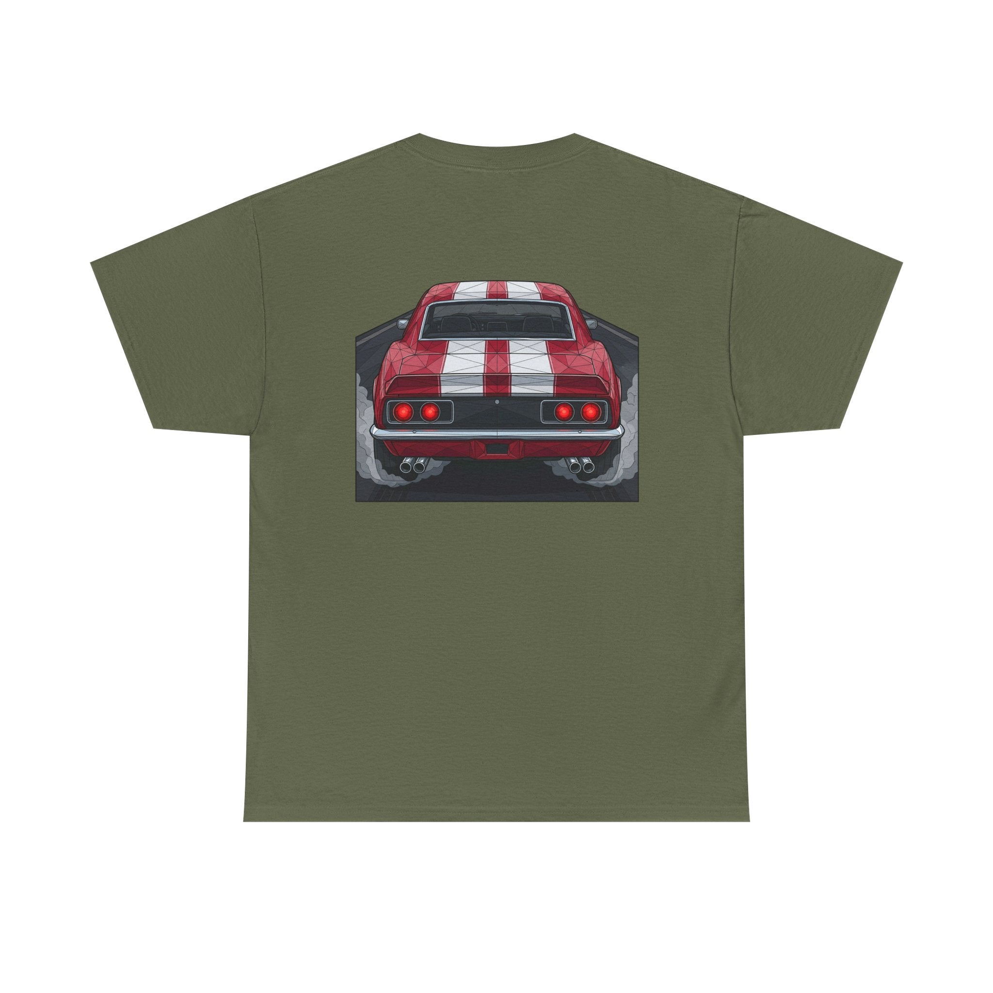 Olive green crew-neck tee with red vintage car rear graphic centered