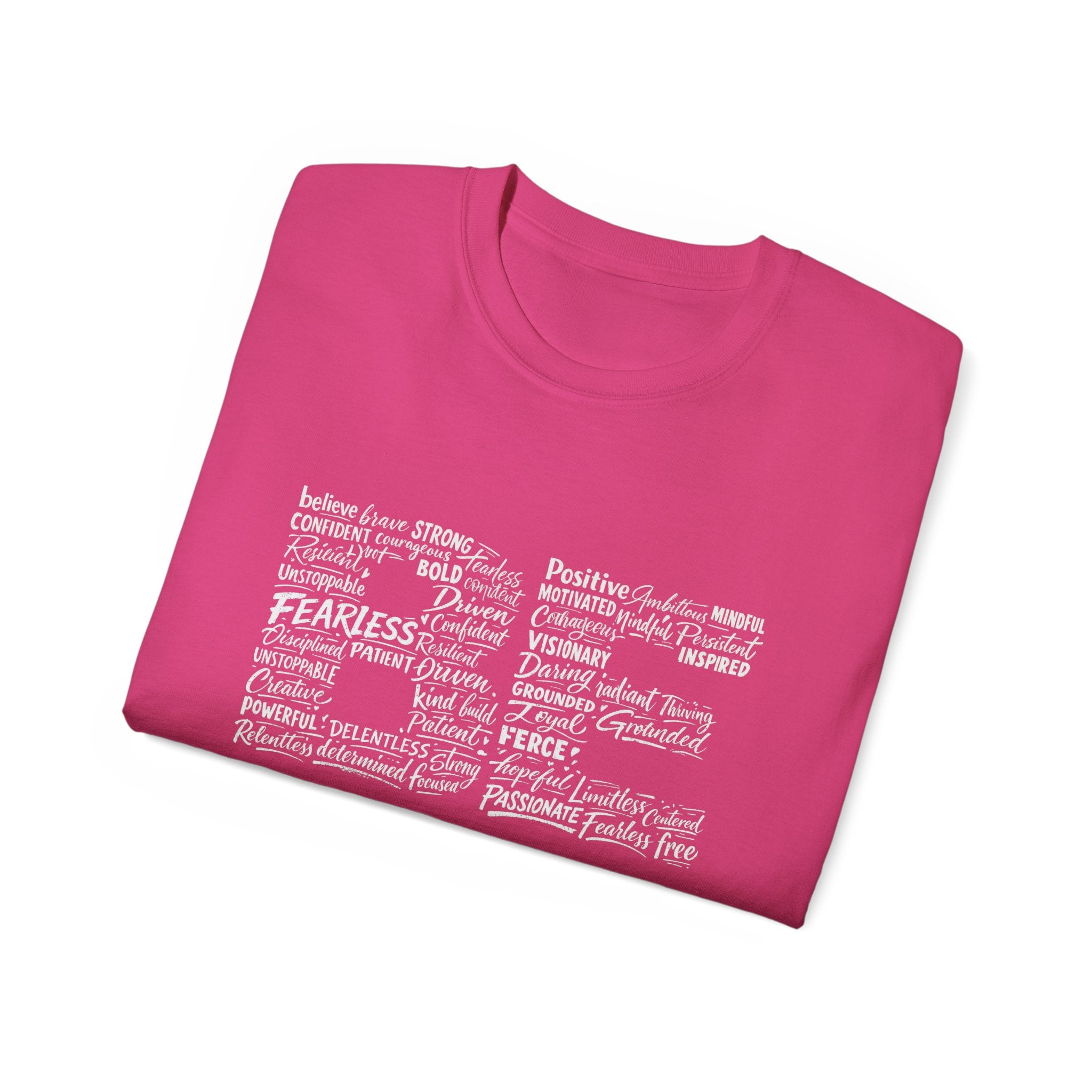 Magenta Life Word Cloud T‑Shirt mit inspirierender Typografie vorne
