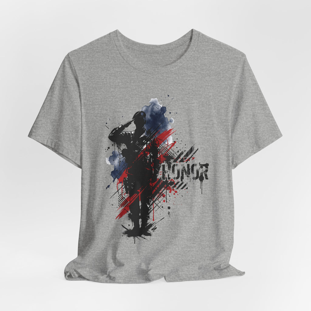 Gray heather T-shirt, front view, soldier silhouette graphic with red and blue splatter